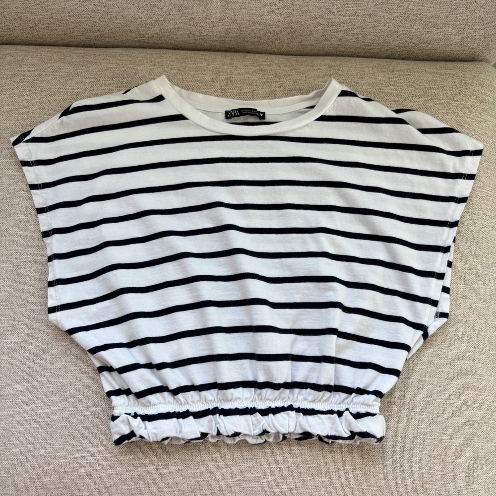 Zara Striped Elastic Hem Crop Top Small Cap Sleeve Nautical Coastal‎ Chic Preppy